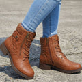 Women's Low Block Heel Lace-Up Boots in Quilted Faux Leather - Brown