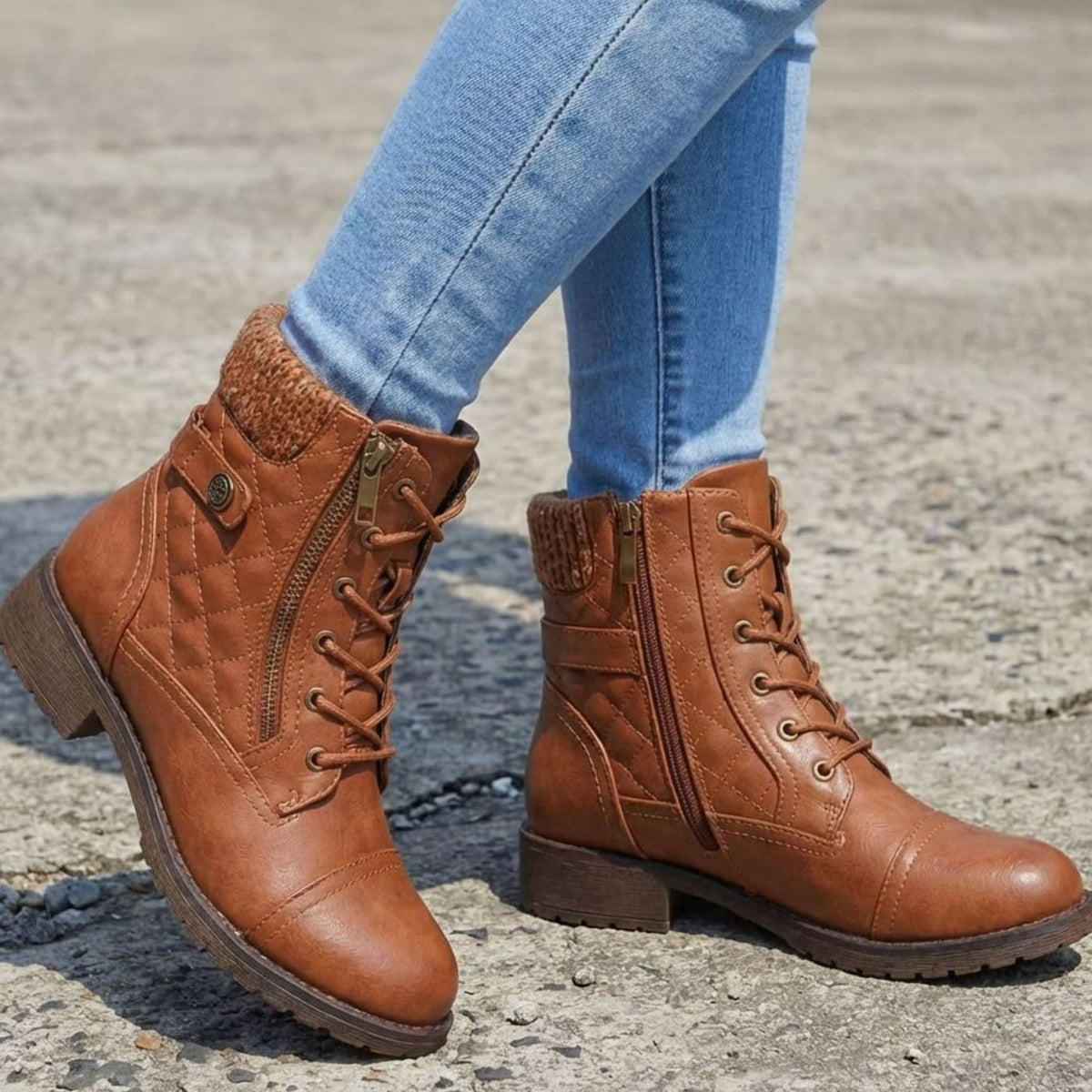 Women's Low Block Heel Lace-Up Boots in Quilted Faux Leather - Brown