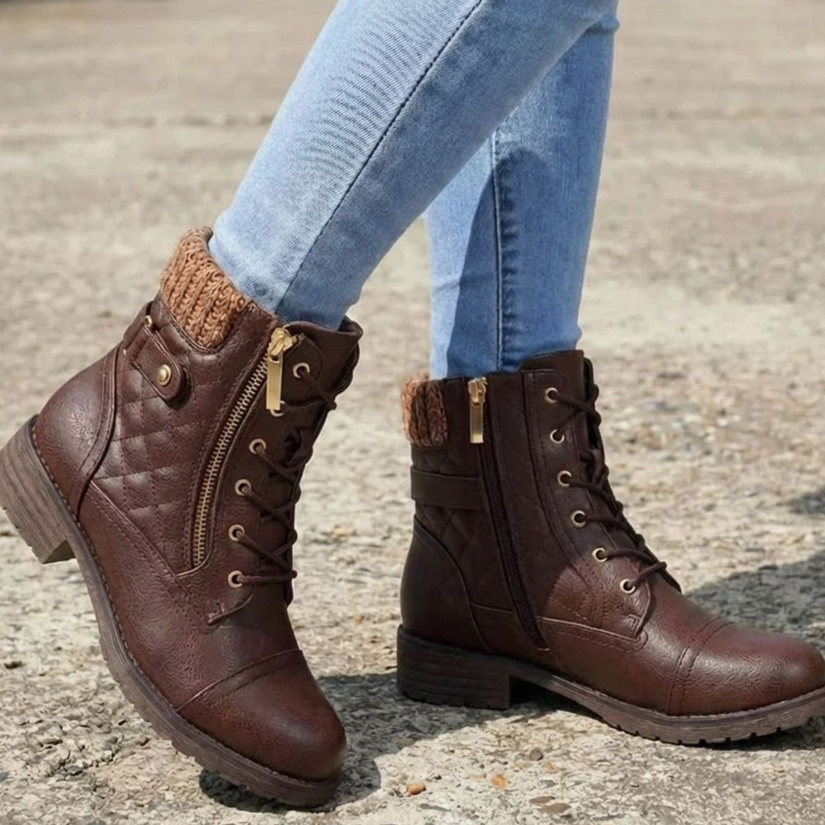 Women's Low Block Heel Lace-Up Boots in Quilted Faux Leather