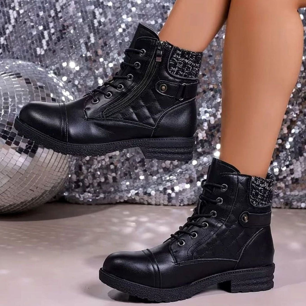 Women's Low Block Heel Lace-Up Boots in Quilted Faux Leather