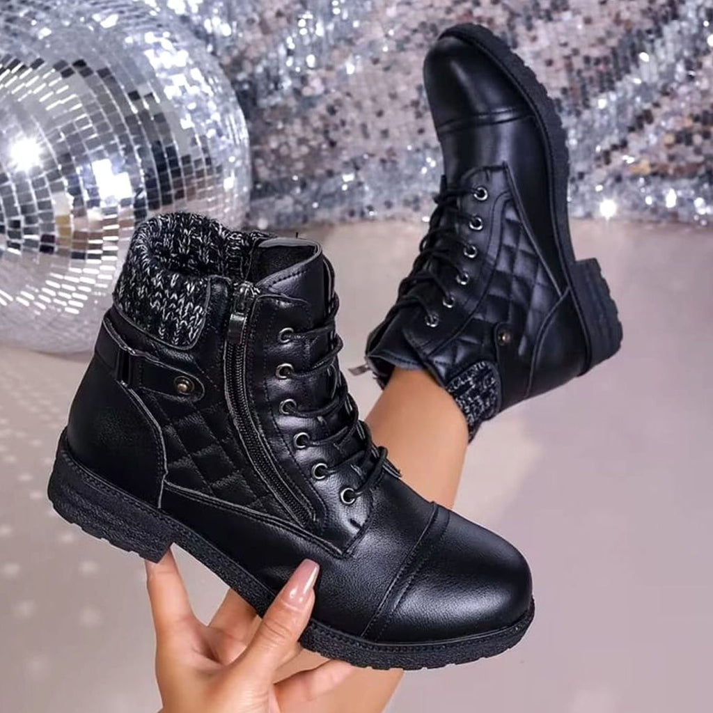 Women's Low Block Heel Lace-Up Boots in Quilted Faux Leather