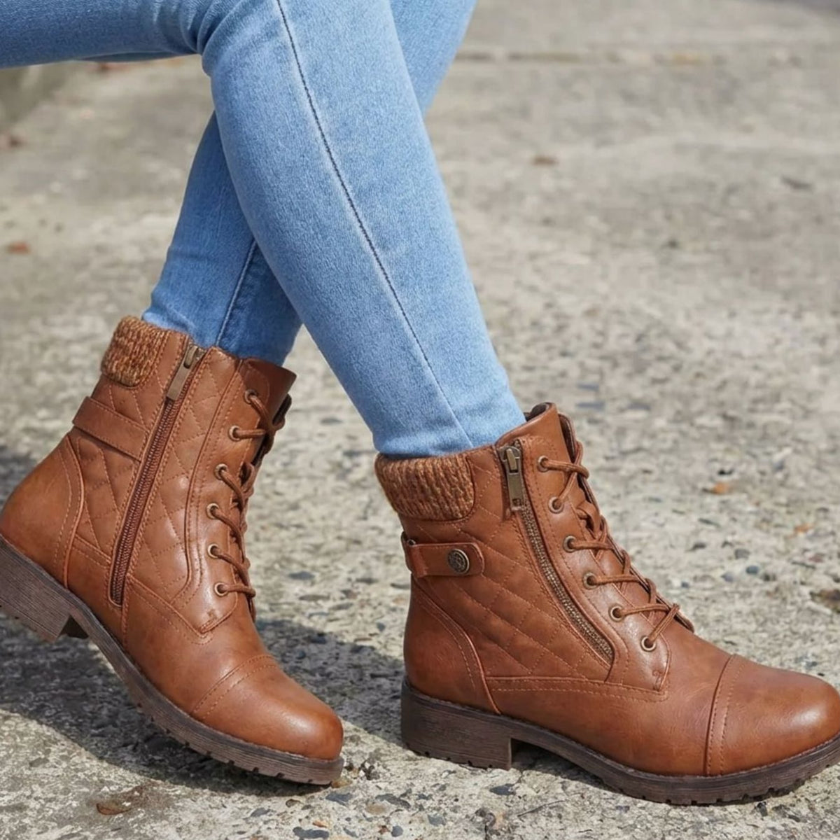 Women's Low Block Heel Lace-Up Boots in Quilted Faux Leather