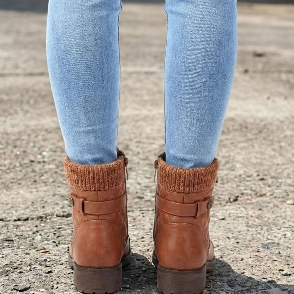 Women's Low Block Heel Lace-Up Boots in Quilted Faux Leather