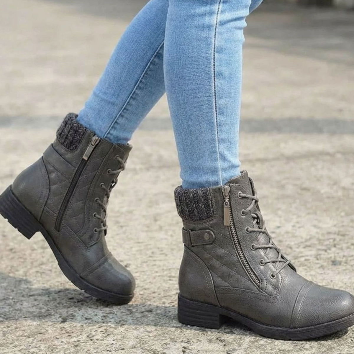 Women's Low Block Heel Lace-Up Boots in Quilted Faux Leather