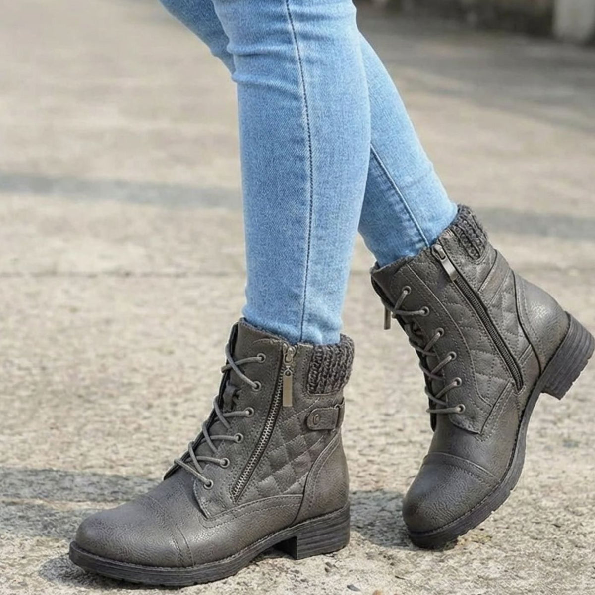 Women's Low Block Heel Lace-Up Boots in Quilted Faux Leather