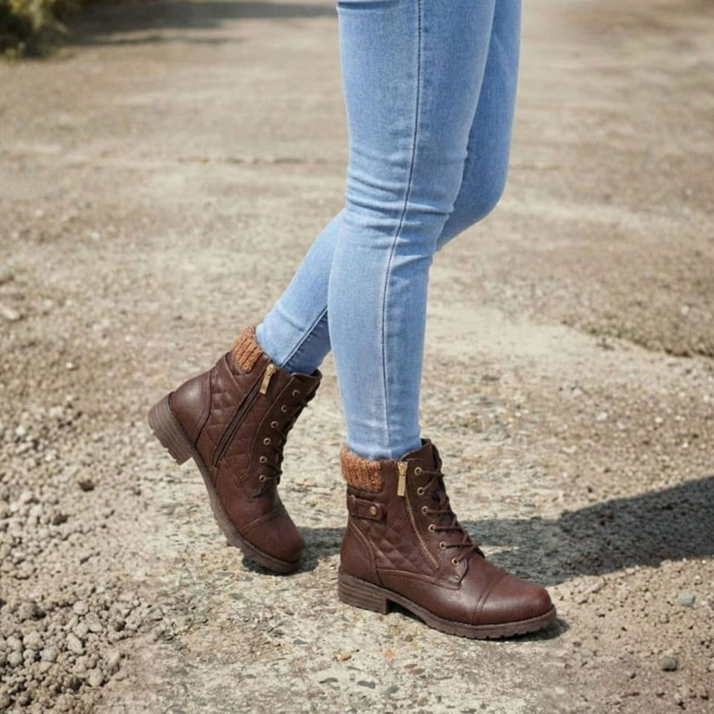 Women's Low Block Heel Lace-Up Boots in Quilted Faux Leather