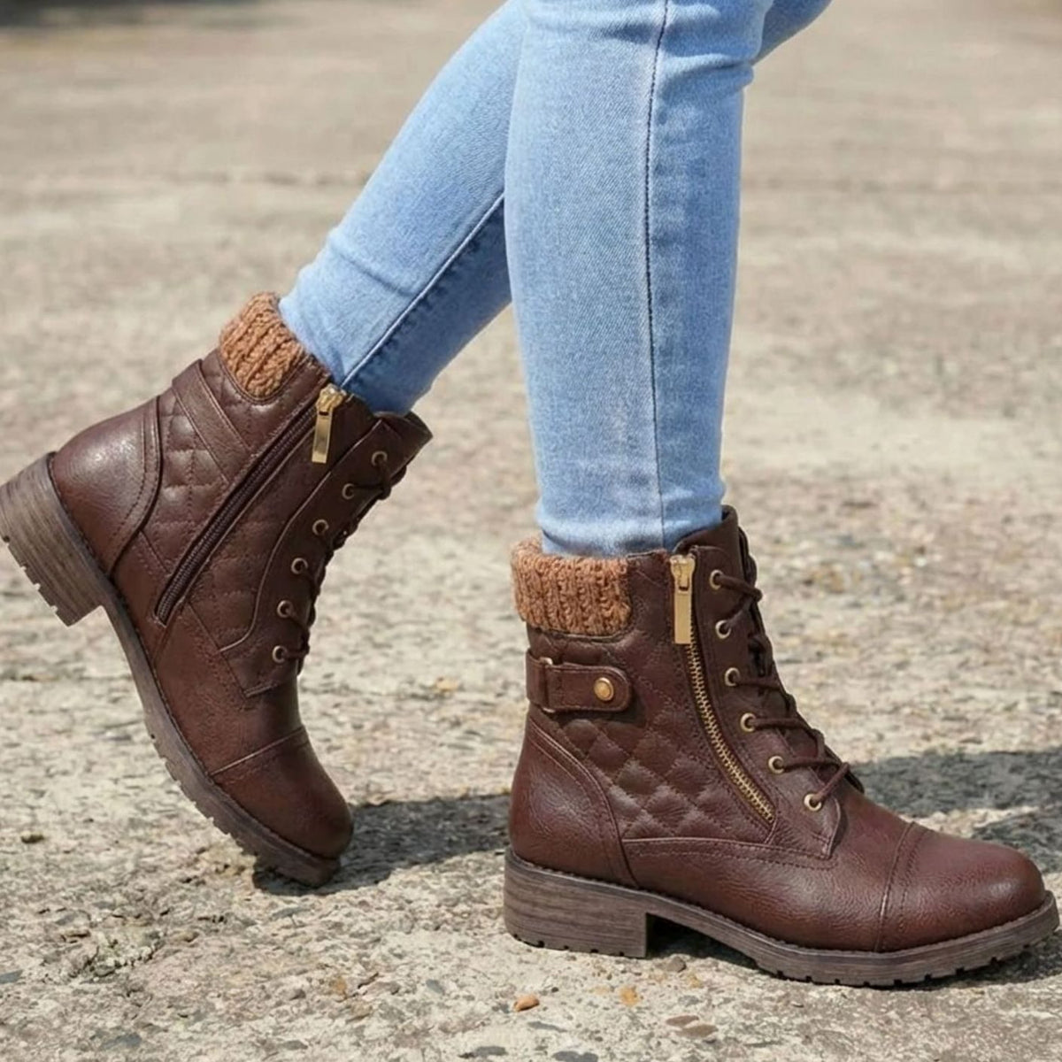 Women's Low Block Heel Lace-Up Boots in Quilted Faux Leather