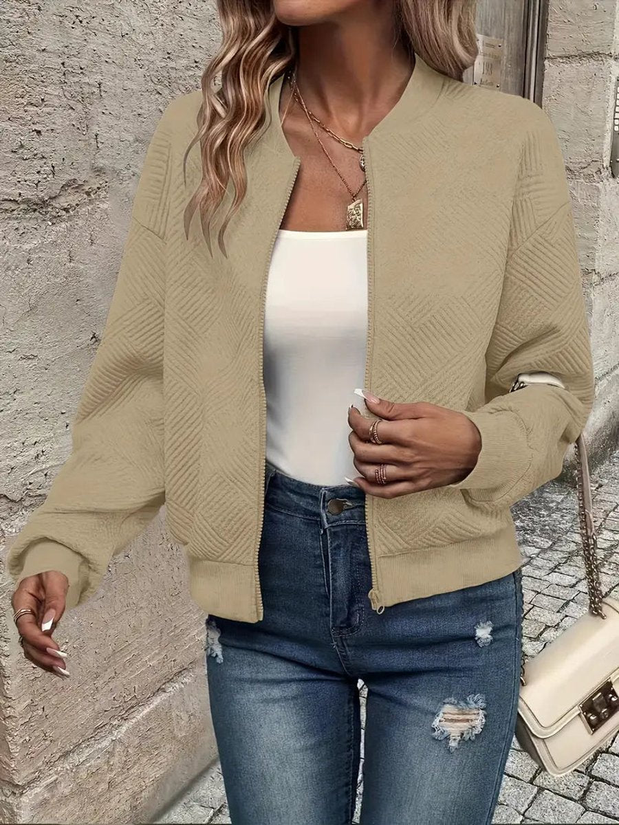 Women's Quilted Zip-Up Bomber Jacket Textured Cropped