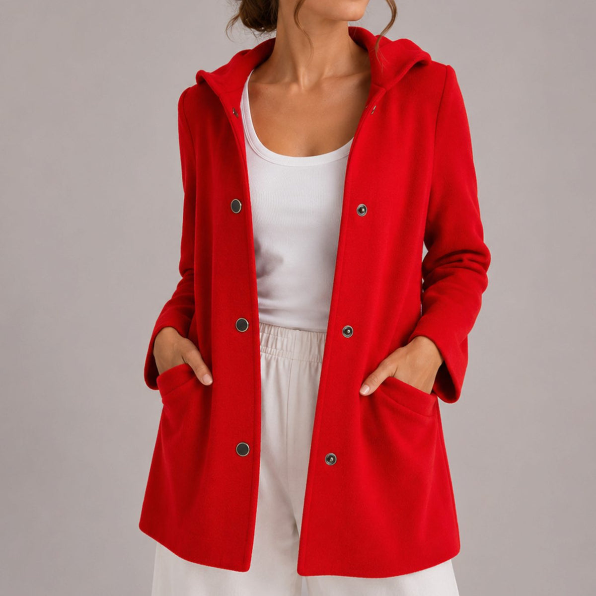 Women's Popper Button Hooded Cardigan with Pockets - Red