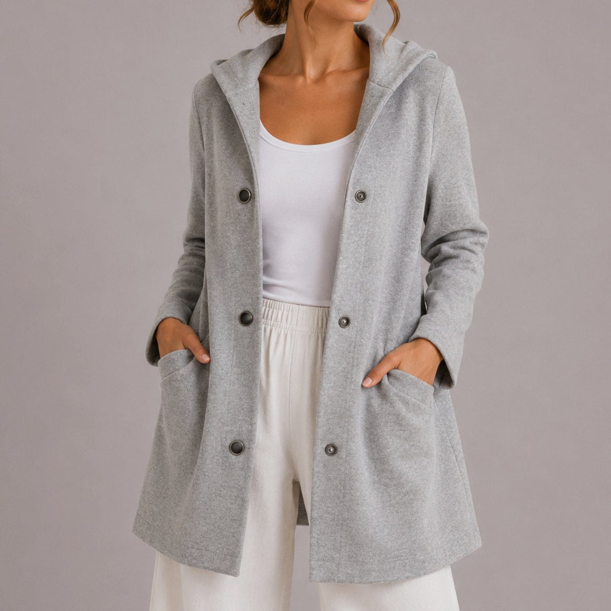 Women's Popper Button Hooded Cardigan with Pockets - Grey