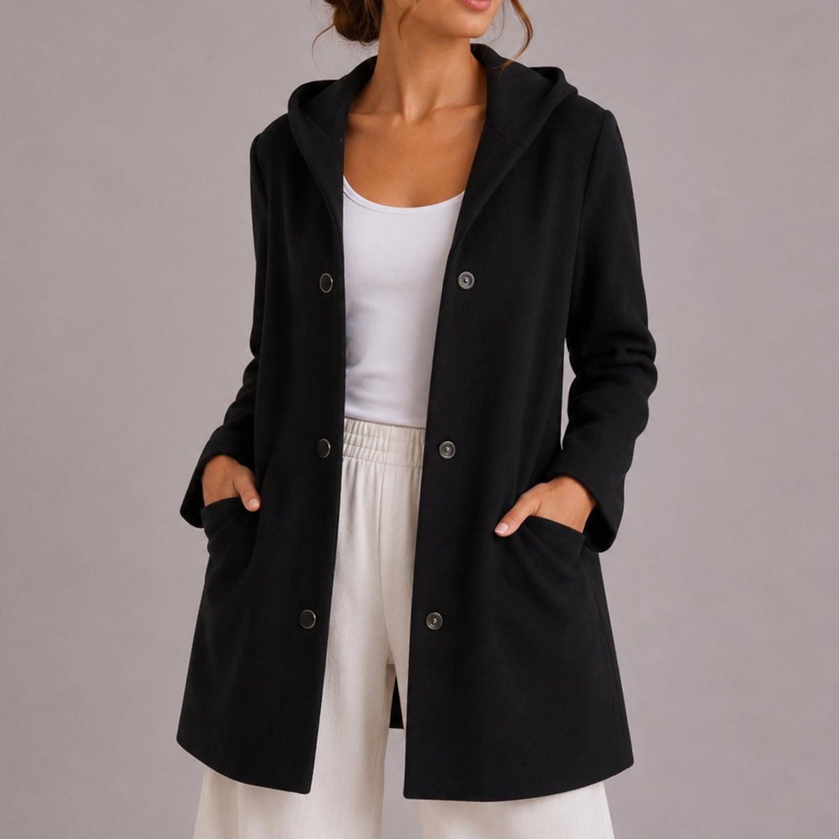Women's Popper Button Hooded Cardigan with Pockets - Black