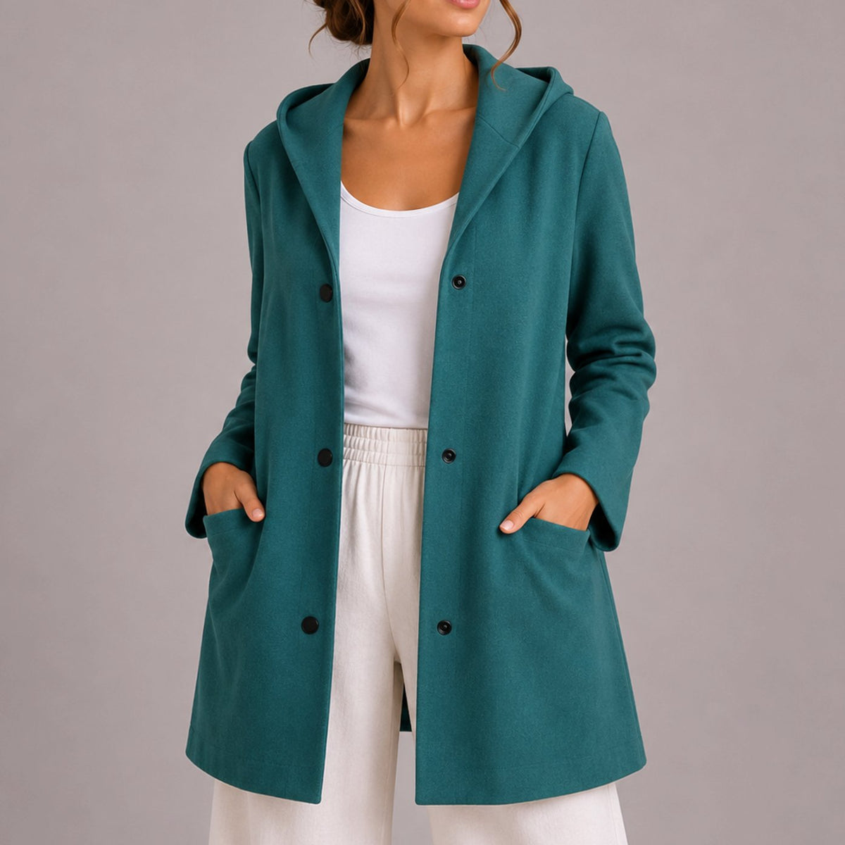 Women's Popper Button Hooded Cardigan with Pockets - Turquoise