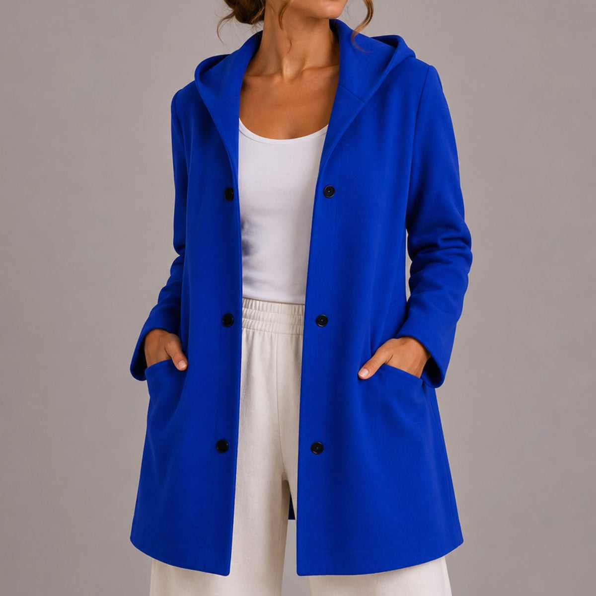 Women's Popper Button Hooded Cardigan with Pockets - Blue