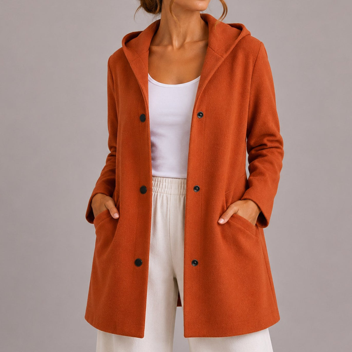 Women's Popper Button Hooded Cardigan with Pockets - Orange