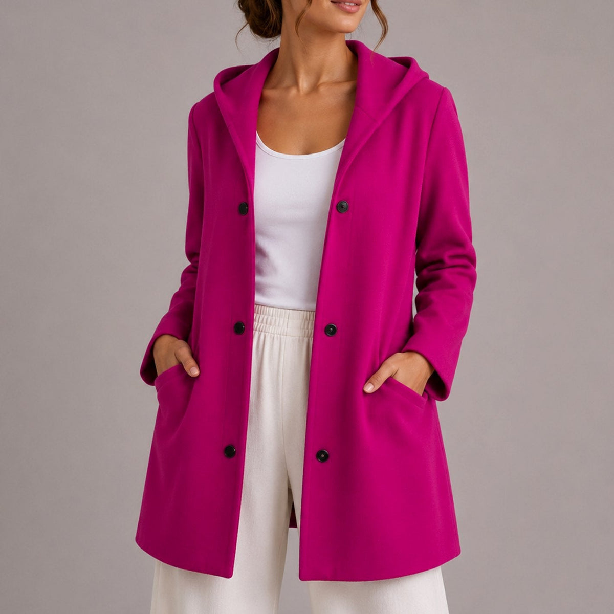 Women's Popper Button Hooded Cardigan with Pockets - Pink