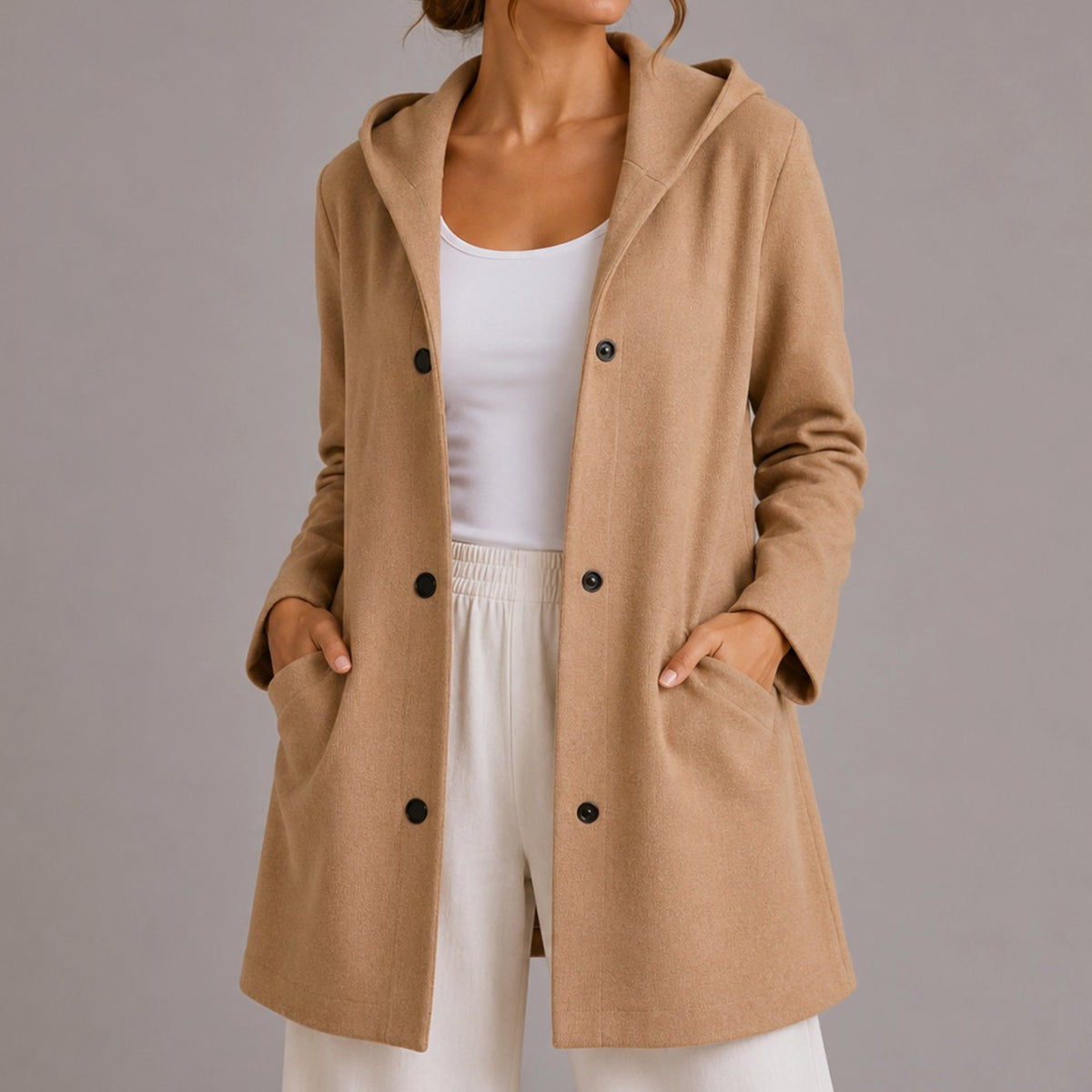 Women's Popper Button Hooded Cardigan with Pockets - Beige
