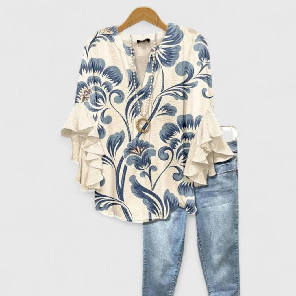 Women's Relaxed-Fit Ruffle-Sleeve Floral Print V-Neck Blouse