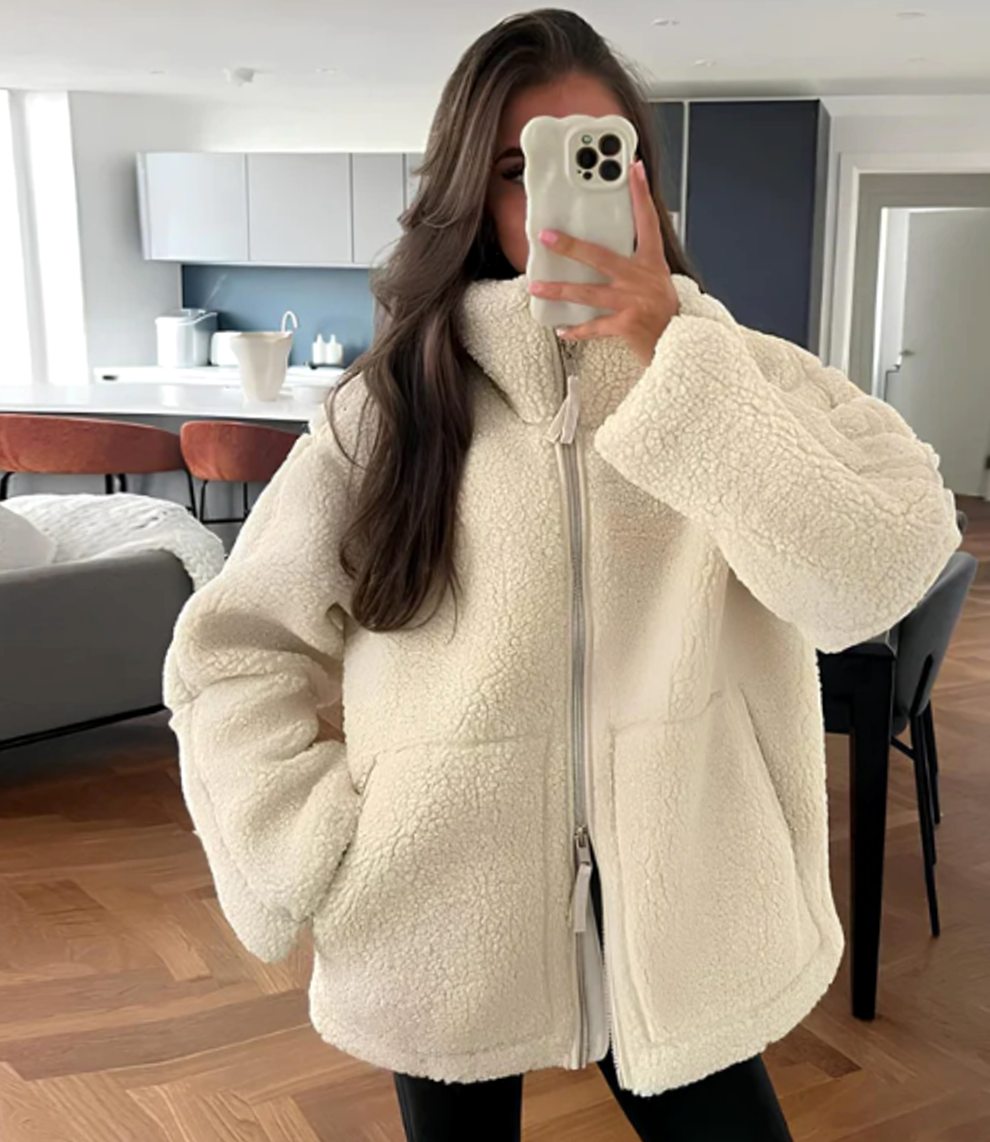 Women's Plush Funnel Neck Teddy Jacket With Full Zip - White