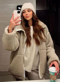 Women's Plush Funnel Neck Teddy Jacket With Full Zip - Beige