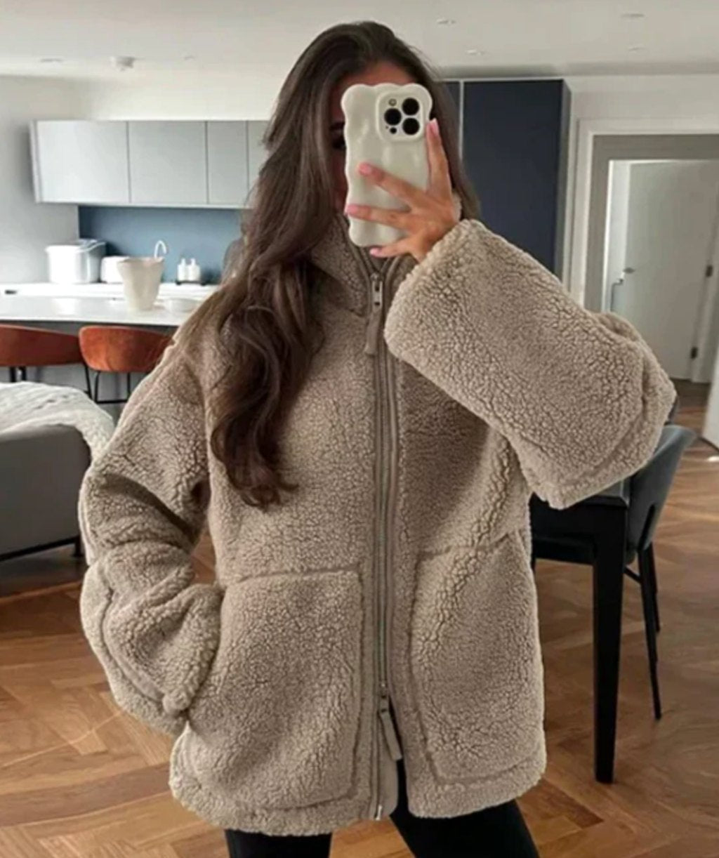 Women's Plush Funnel Neck Teddy Jacket With Full Zip - Bronze