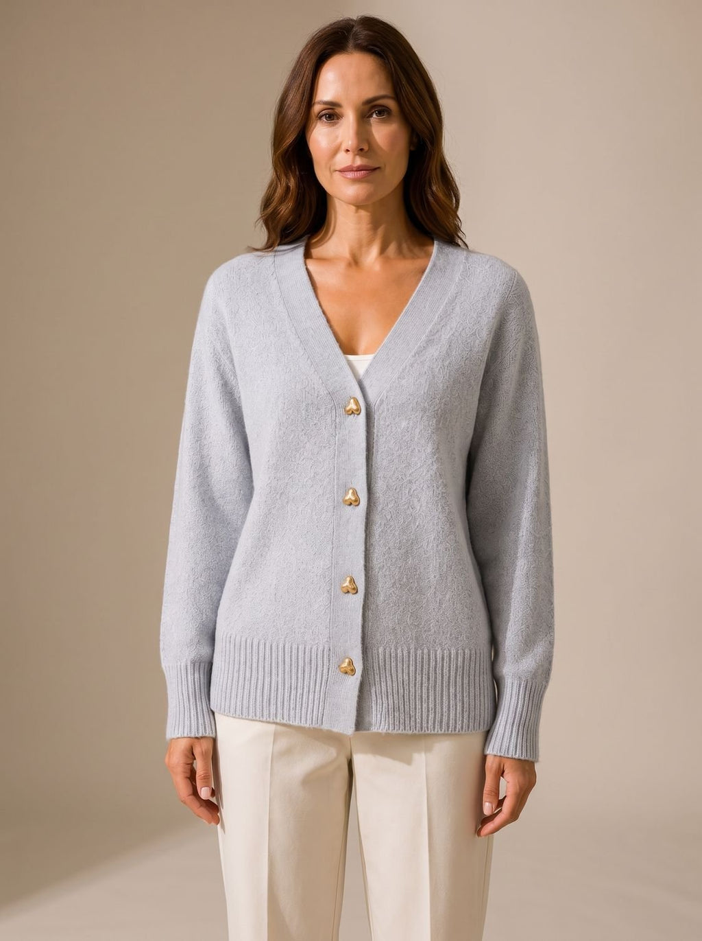 Women's Relaxed-Fit V-Neck Gold Heart-Button Knitwear Cardigan