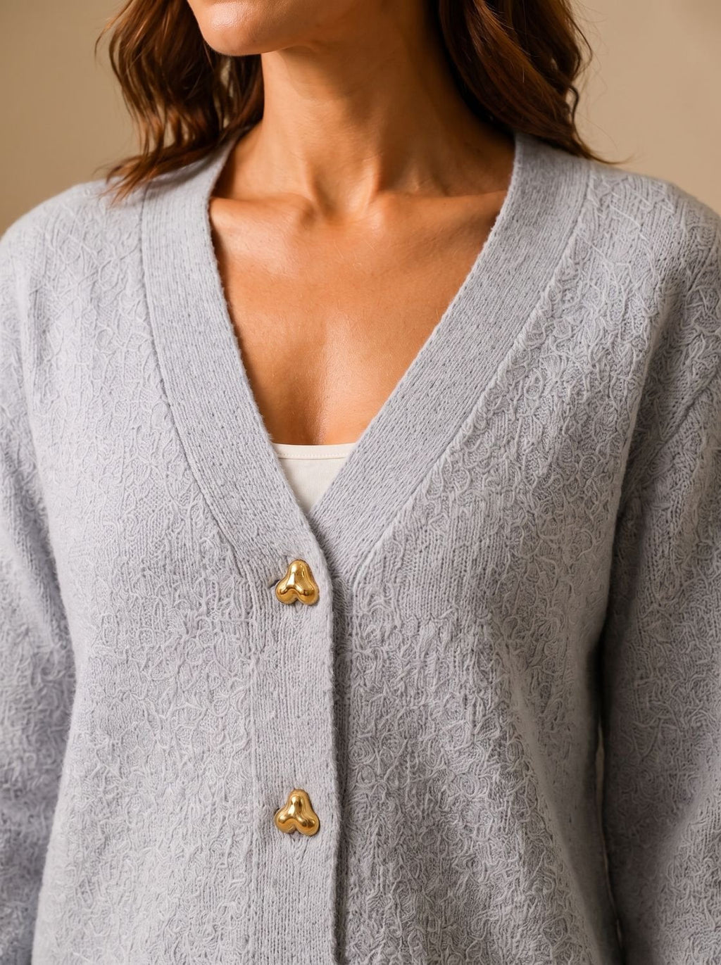 Women's Relaxed-Fit V-Neck Gold Heart-Button Knitwear Cardigan