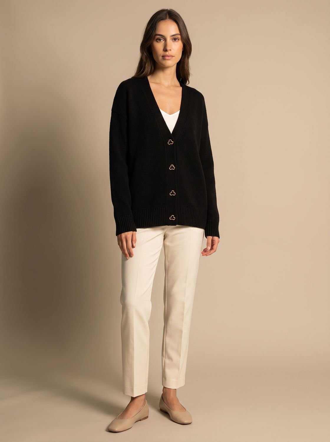 Women's Relaxed-Fit V-Neck Gold Heart-Button Knitwear Cardigan