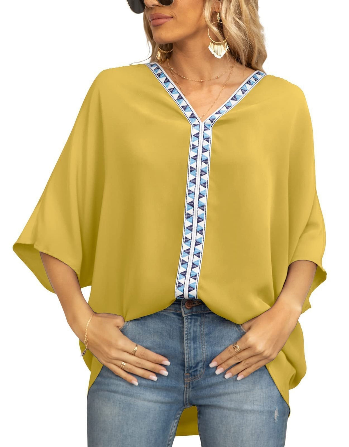 Women's Relaxed V-Neck Geometric Trim Oversized Tunic Top