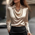 Women's Satin Cowl-Neck Long-Sleeve Blouse Collared Top