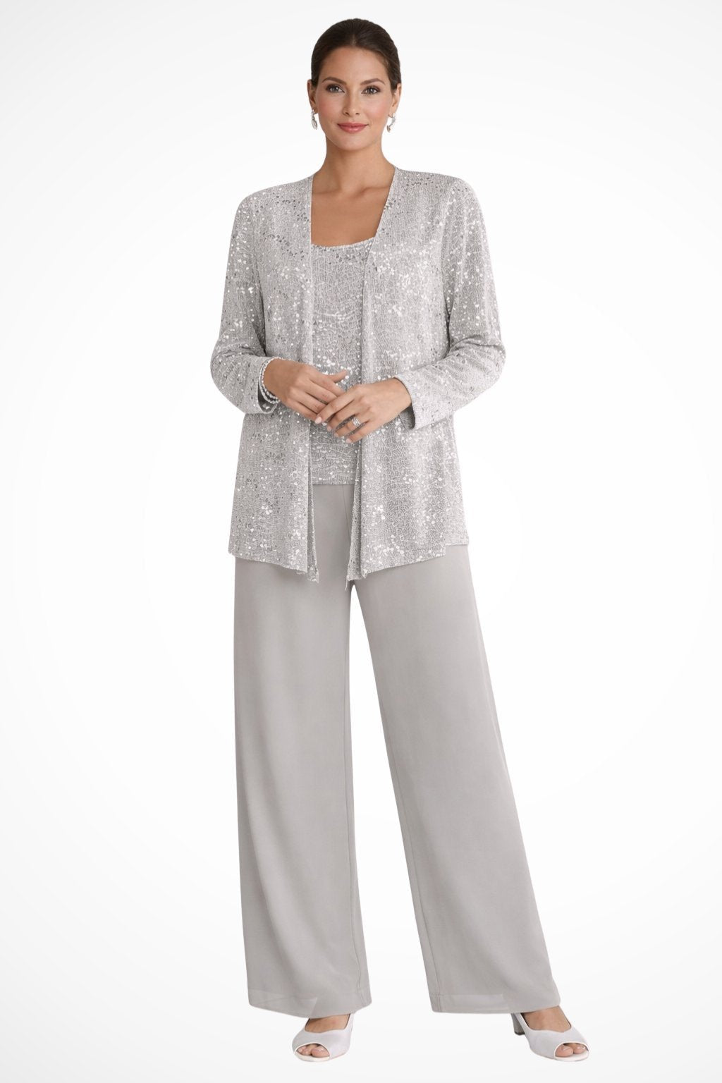 Women's Sparkle Occasion Suit with Camisole and Palazzo Trousers - Silver