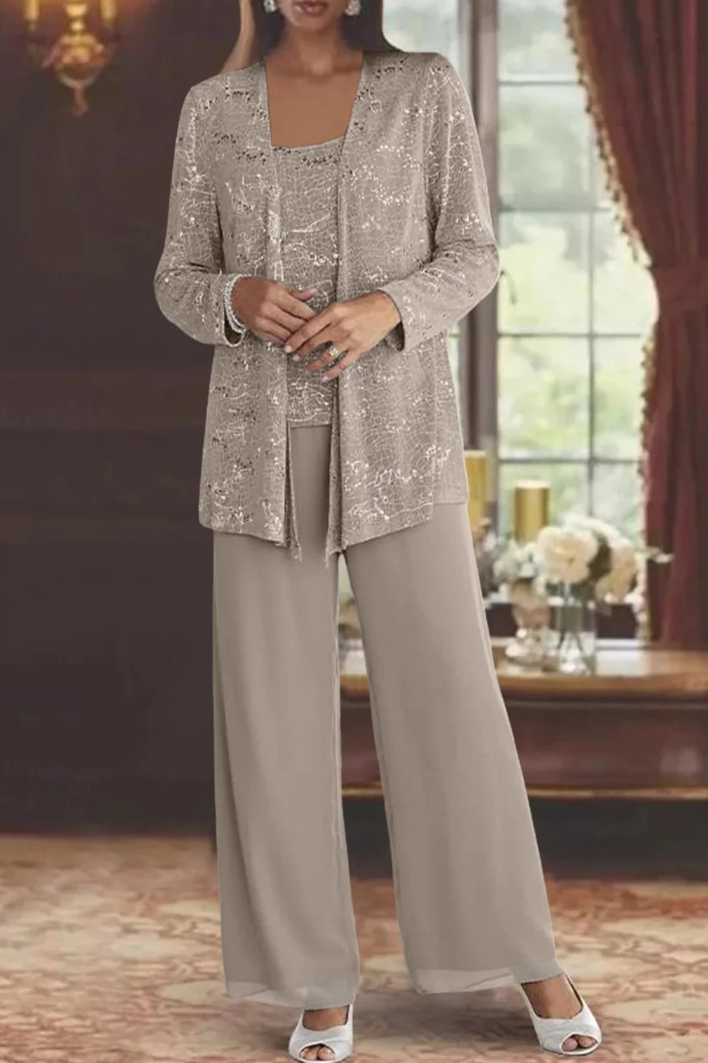Women's Sparkle Occasion Suit with Camisole and Palazzo Trousers