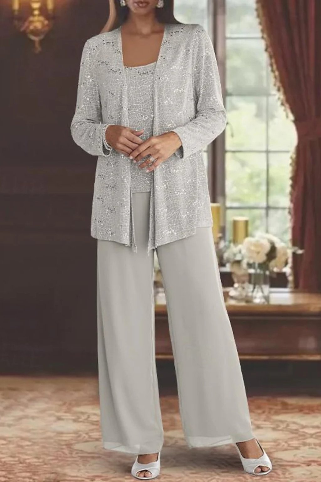 Women's Sparkle Occasion Suit with Camisole and Palazzo Trousers