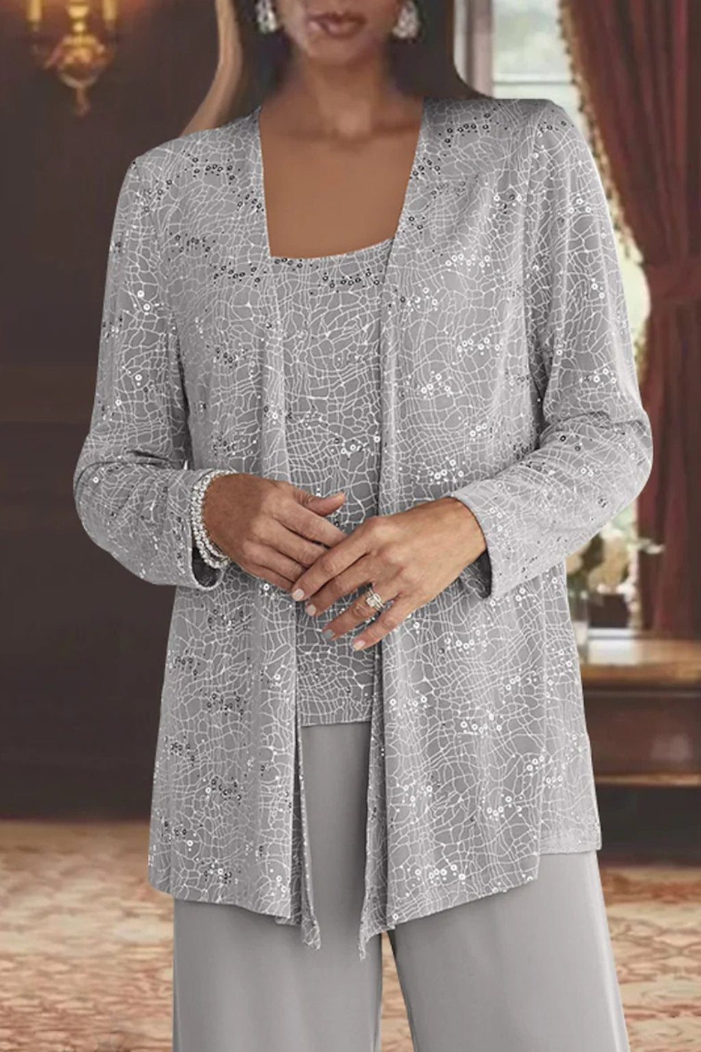Women's Sparkle Occasion Suit with Camisole and Palazzo Trousers