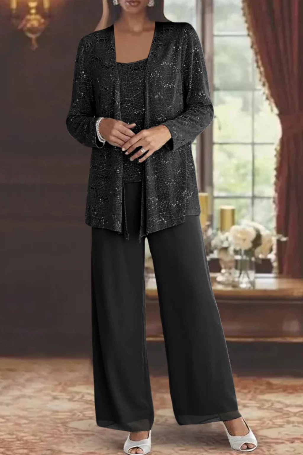 Women's Sparkle Occasion Suit with Camisole and Palazzo Trousers