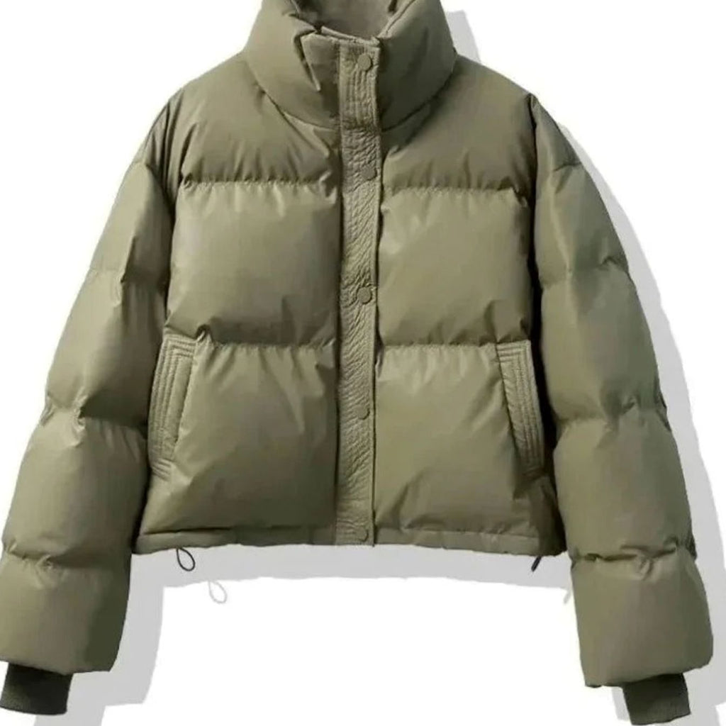 Women's Short PU Puffer Jacket with Buttoned Stand Collar