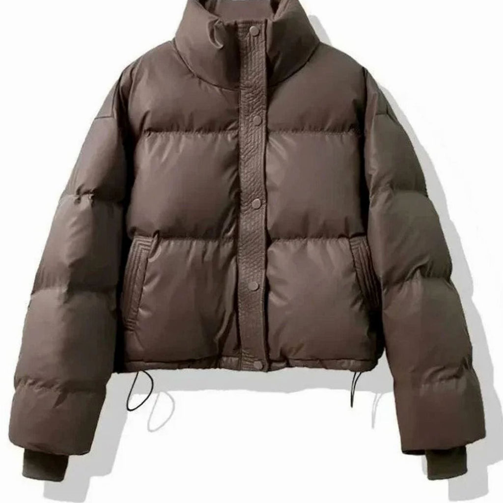 Women's Short PU Puffer Jacket with Buttoned Stand Collar