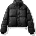 Women's Short PU Puffer Jacket with Buttoned Stand Collar - Black