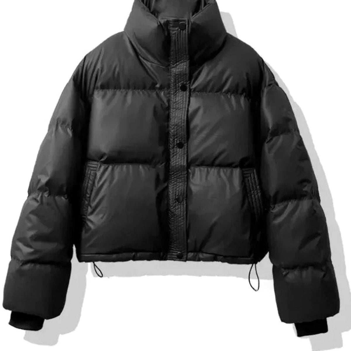Women's Short PU Puffer Jacket with Buttoned Stand Collar - Black