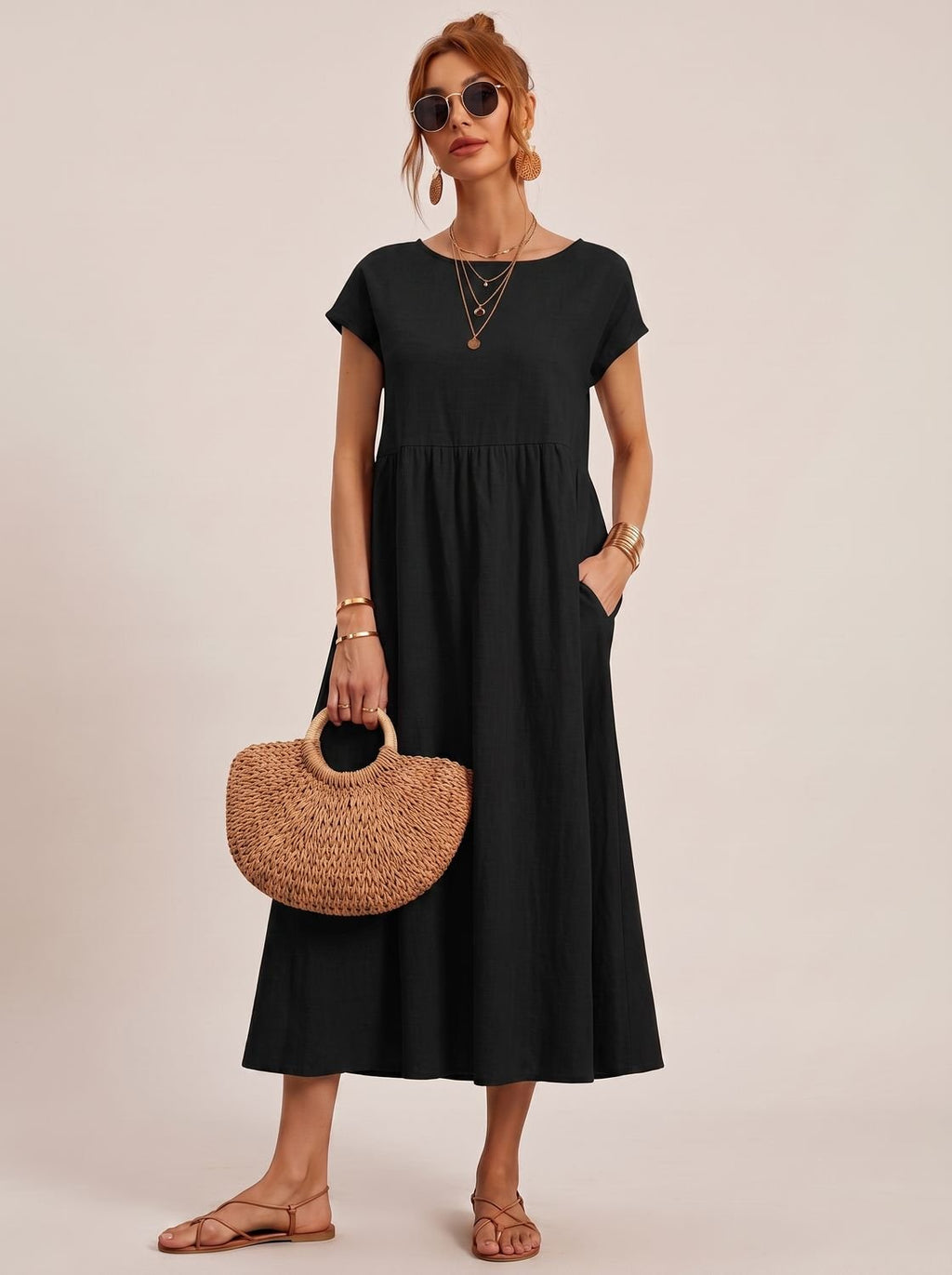 Women's Short-Sleeve Round-Neck Flowy Midi Dress with Pockets