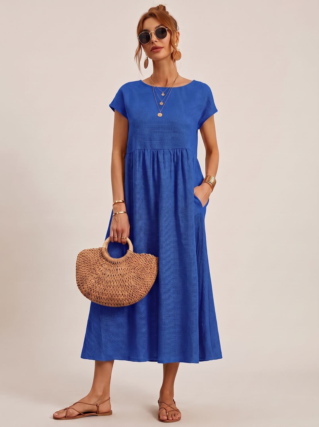 Women's Short-Sleeve Round-Neck Flowy Midi Dress with Pockets