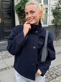 Women's Hip-Length Funnel Neck Wool-Blend Winter Coat - Dark Blue