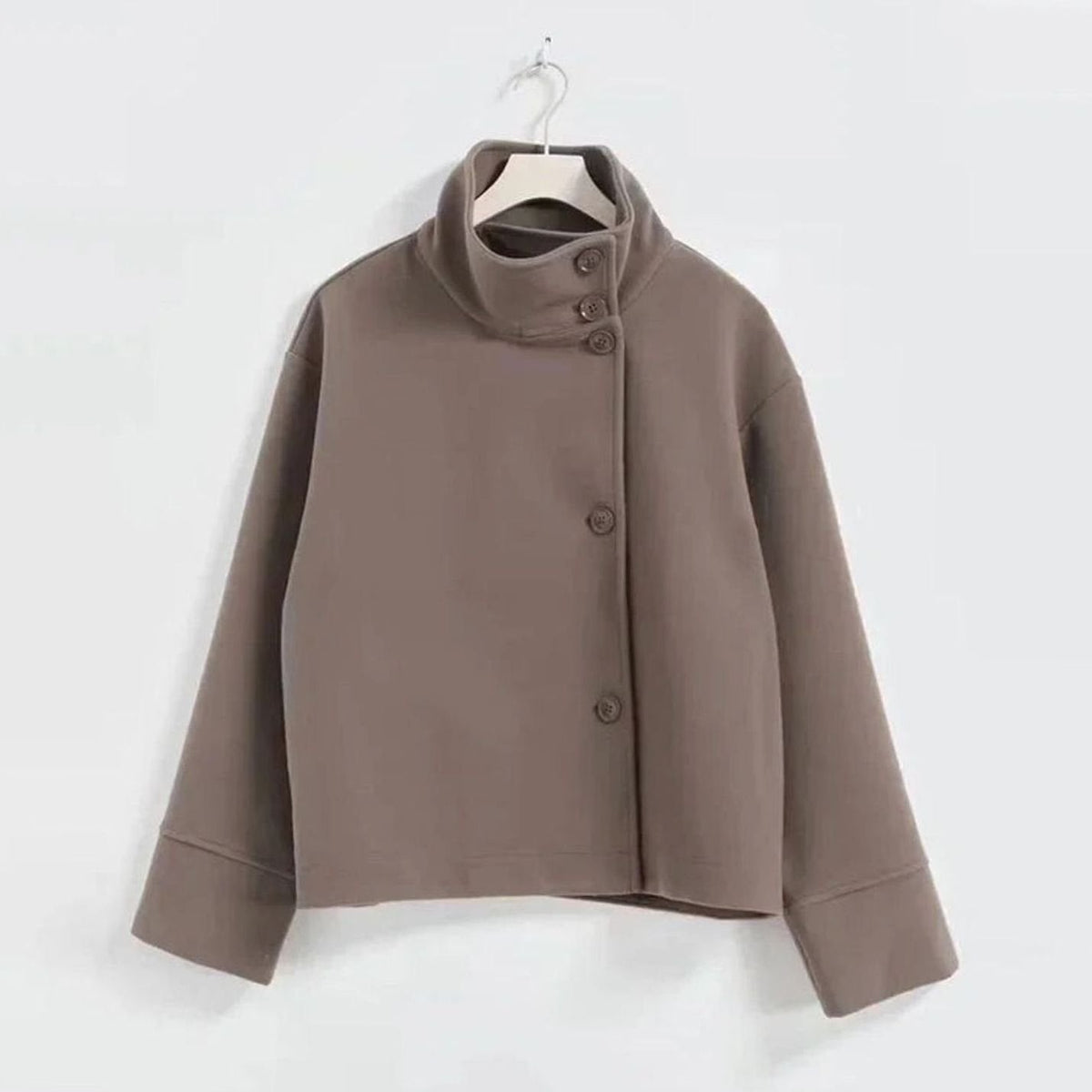 Women's Hip-Length Funnel Neck Wool-Blend Winter Coat - Coffee