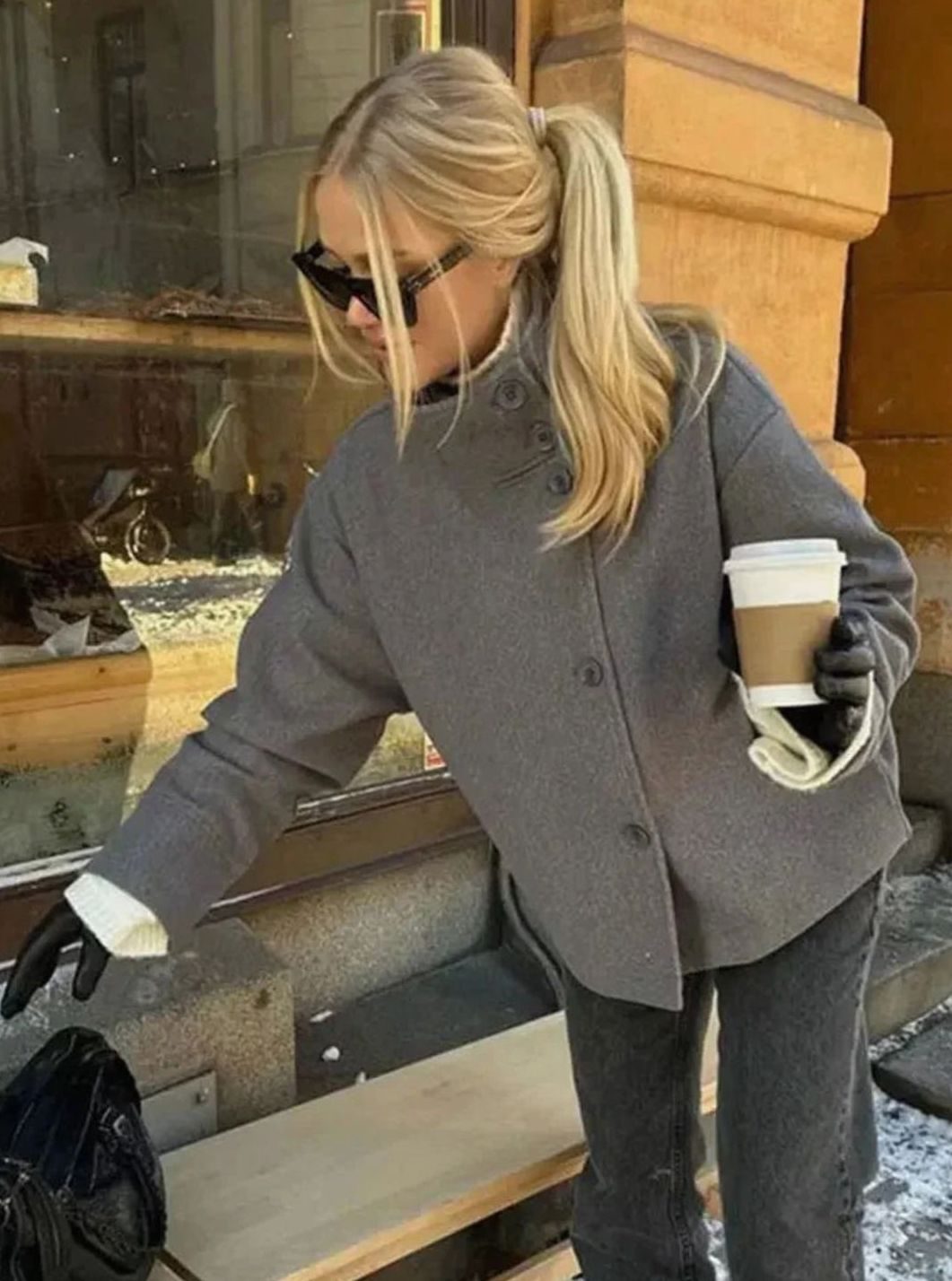 Women's Hip-Length Funnel Neck Wool-Blend Winter Coat - Grey