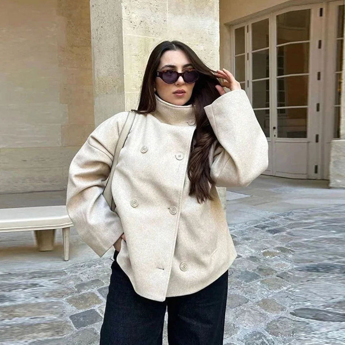 Women's Hip-Length Funnel Neck Wool-Blend Winter Coat - Apricot