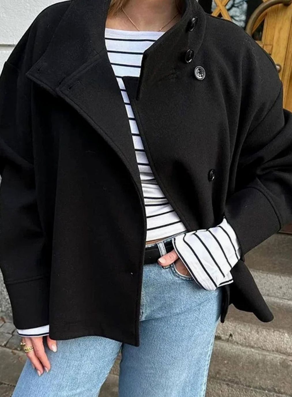 Women's Hip-Length Funnel Neck Wool-Blend Winter Coat - Black
