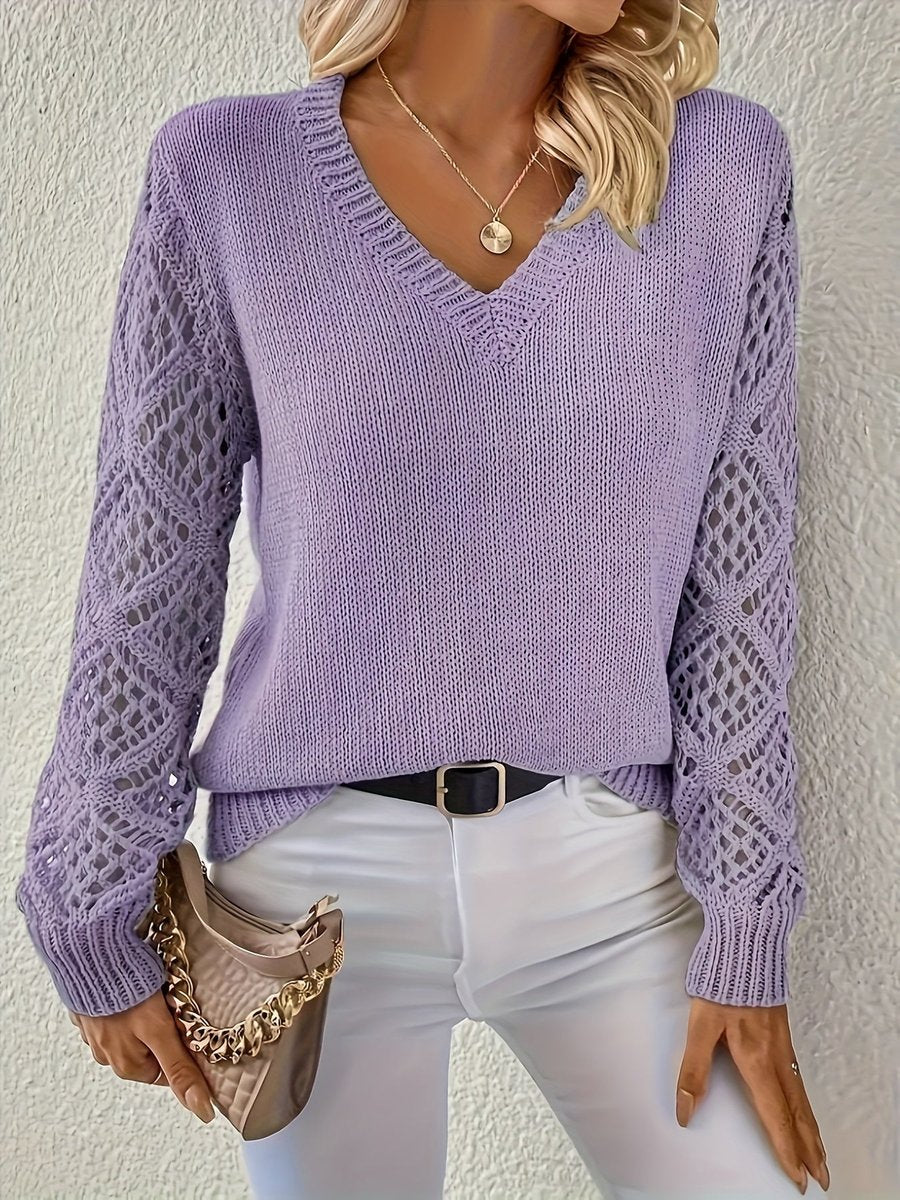 Women's V-Neck Hollow-Sleeve Pullover Knit Sweater
