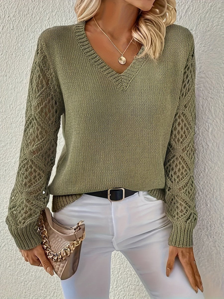 Women's V-Neck Hollow-Sleeve Pullover Knit Sweater