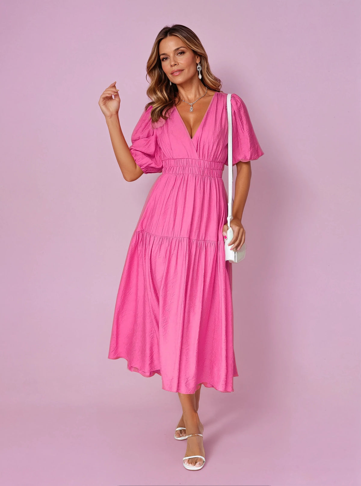 Women's V-Neck Puff Sleeve Midi Dress Smocked Waist