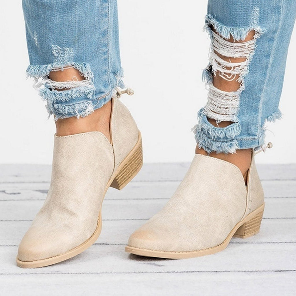 Women's Faux Leather Pull-On Heeled Ankle Boots - Beige