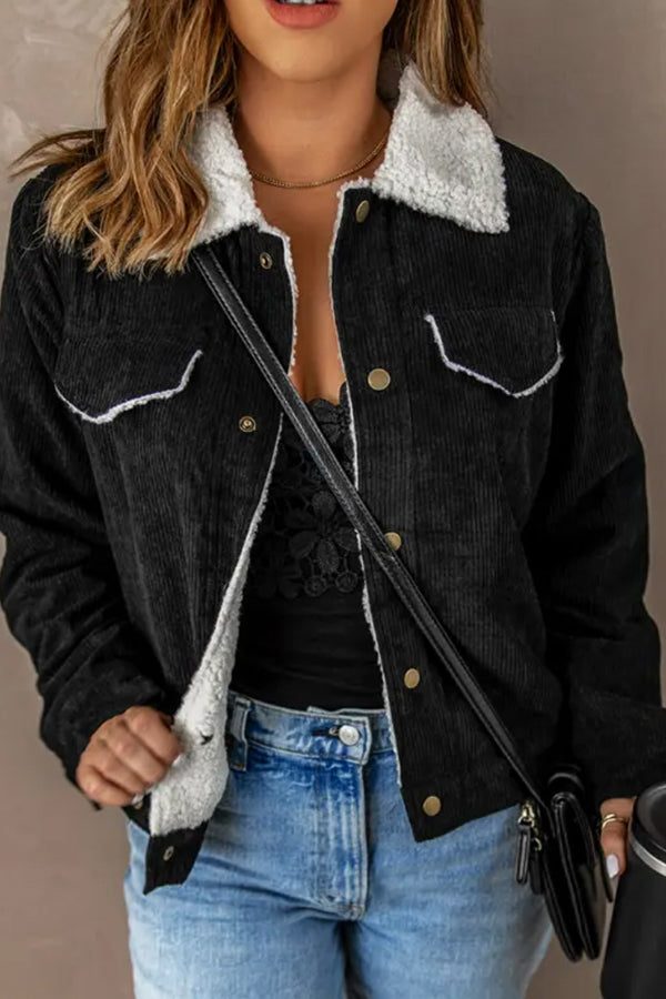 Women's Above-Hip Cord Jacket With Sherpa Lining and Lapels - Black